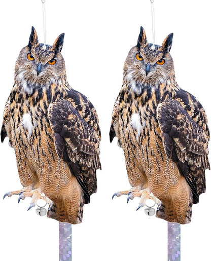 Owls to Keep Birds Away: 2 Pack Fake Owls with Reflective Tape for Garden Patio, Bird Scare Reflective Hanging Decoration to Keep Birds Pigeon from Windows Tree Garden
