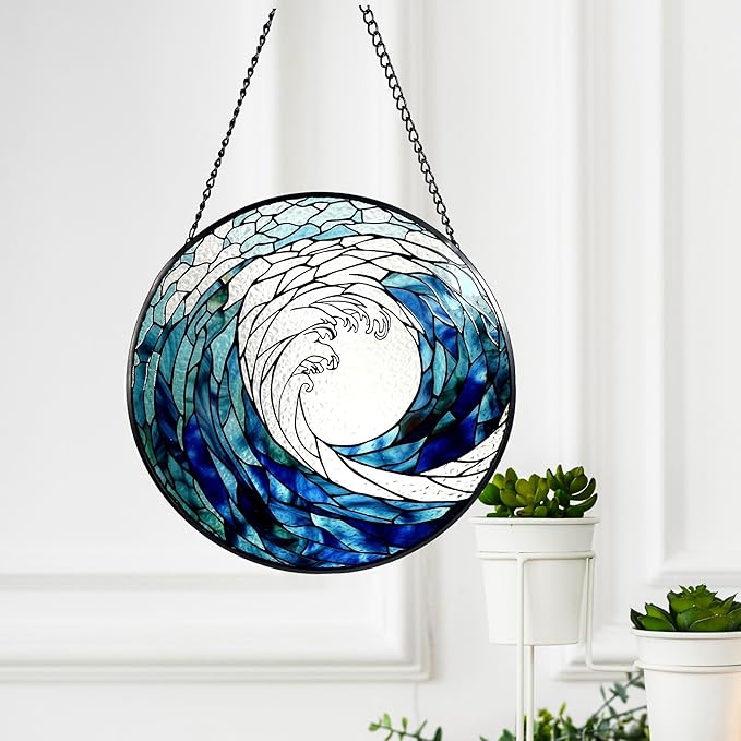 Ocean Waves Stained Glass Suncatcher, Handmade Window Hanging Wall Art with Chain, Real Glass Coastal Home Decor, Unique Sun Catcher Gift for Women, Christmas, 7.8