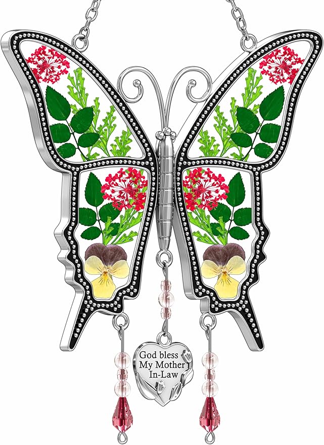 KY&BOSAM Butterfly Suncatcher Mother-in-Law Stained Glass for Window Hanging Wind Chime with Pressed Flower Wings Embedded in Glass with Metal Heart Charm Gift for Mother Day Valentine`s Day Birthday