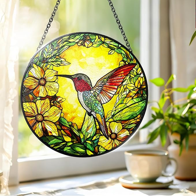 Stained Glass Suncatchers for Windows, 8 Inch Hummingbird Suncatcher Indoor Window, Hummingbird Decor for Bird Lovers