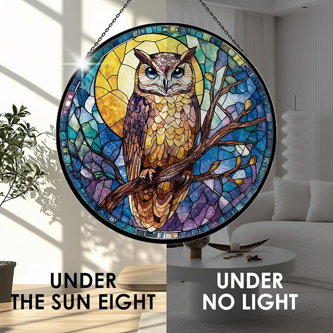 Owl Stained Glass Window Hanging, 7.9" Owl on a Branch Suncatcher for Window Doors Home Decoration, Owls Decor for Home, Mother's Day Christmas Birthday Gifts for Owls Lovers Women Men