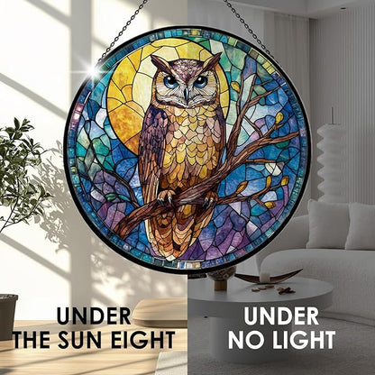 Owl Stained Glass Window Hanging, 7.9" Owl on a Branch Suncatcher for Window Doors Home Decoration, Owls Decor for Home, Mother's Day Christmas Birthday Gifts for Owls Lovers Women Men
