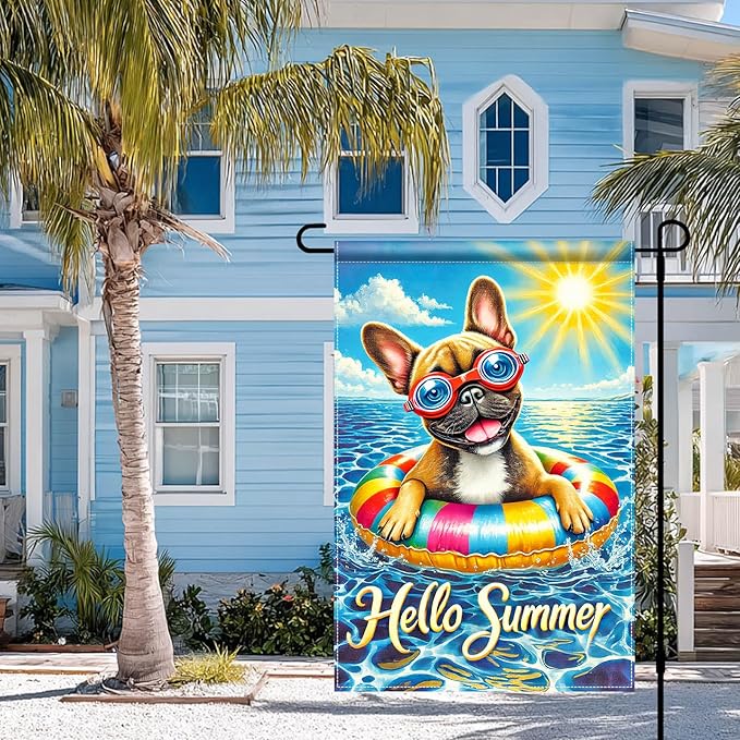 HOMETITUTE Hello Summer Garden Flag French Bulldog 12x18 Vertical Double Sided Pool Party Welcome Summer Yard Garden Flag Seasonal Holiday Outdoor Decorative Flag for Patio Lawn