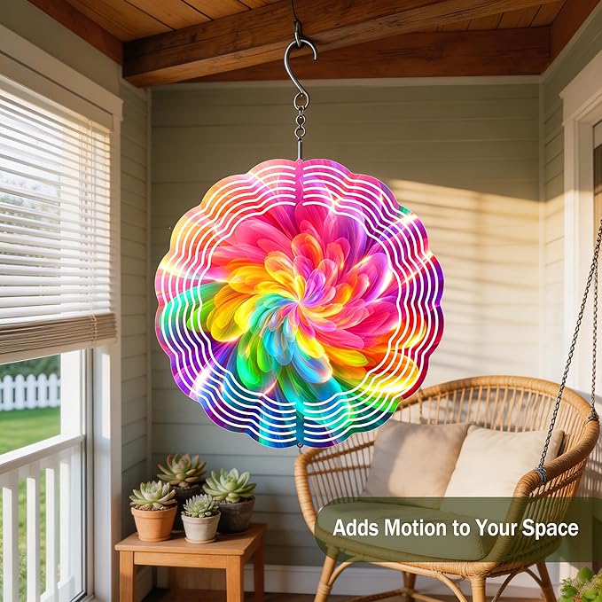 Wind Spinners Colorful Abstract Flower Art 9.8 x 9.8 Inch Metal Wind Spinner Outdoor Garden Yard Patio Decor Bright Rainbow Swirl Design Decorative Wind Spinners for Lawn Balcony