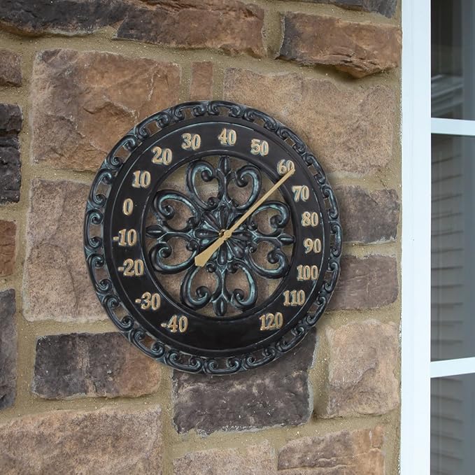 Lily's Home Hanging Verdigris Wall Dial Thermometer, Ideal for Indoor and Outdoor Use, Black (13 Inches)