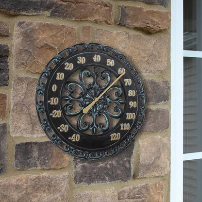 Lily's Home Hanging Verdigris Wall Dial Thermometer, Ideal for Indoor and Outdoor Use, Black (13 Inches)