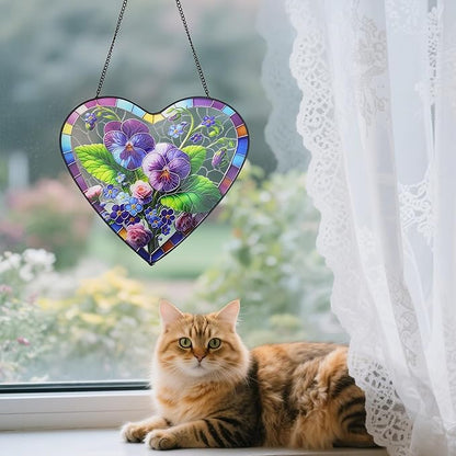 Pansy & Rose Stained Glass Window Hanging, 9.8'' Sun Catcher Glass Panel Floral Wall Art Decor with Chain, Handcrafted Heart - Shaped Glass Gifts for Lovers, Housewarming Gift(Pansy & Rose)