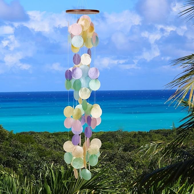 Woodstock Chimes Asli Arts Collection, Capiz Waterfall, 40'' Rainbow Capiz Wind Chimes for Outdoor, Patio, Home or Garden Décor (CWR)