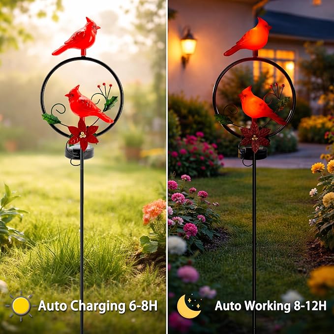 Cardinal Garden Decor Red Cardinal Figurine Solar Lights Garden Stake Outdoor Decor, Christmas Yard Decorations for Patio Porch Pathway Lawn Ornaments, Cemetery Solar Light Red Bird Gift