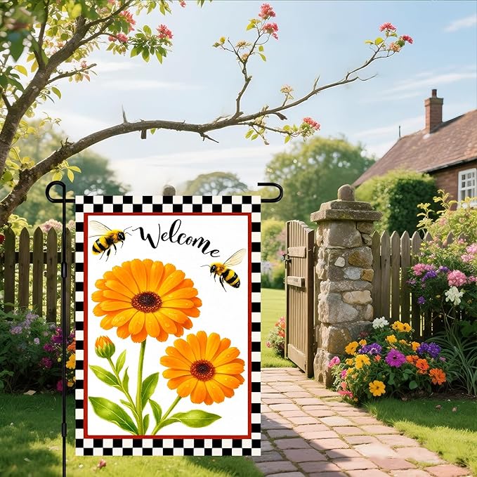 IVN Welcome Garden Flag 12x18 Inch Double Sided Spring Summer Garden Yard Flags Orange Gerbera Daisy Flowers Bees Decorative Small Flags for Outdoor Seasonal Front Door Lawn Porch Patio Decor Yard Flag