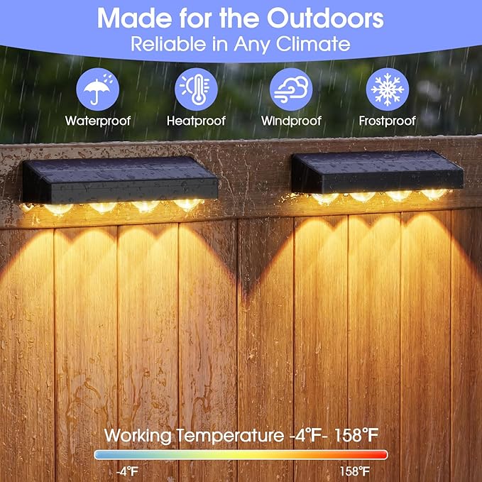 ShineTech Solar Fence Lights Outdoor Waterproof, 3-Color Lighting Modes LED Solar Powered Deck Lights, Outdoor Step Lights for Railing, Patio, Wall, Backyard (6 Packs)
