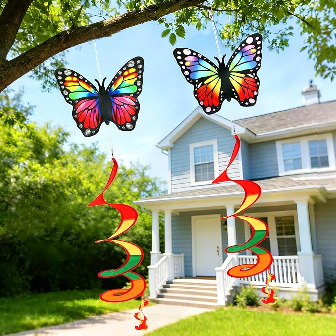 NOVWANG 2 Pack Rainbow Wind Spinners Outdoor, Butterfly Garden Wind Hanging Streamers Decor with Rotating Hook Ribbon Windsock for Patio Yard and Pride Month Celebration Decoration