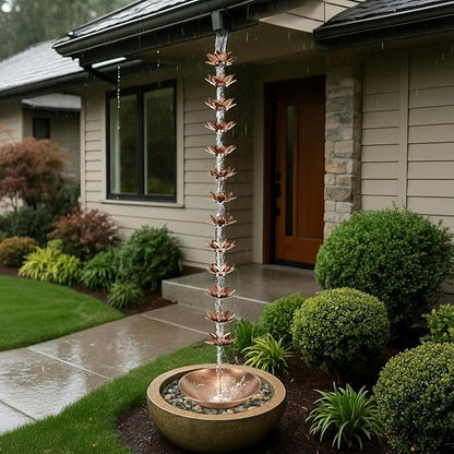 MorningRo 8.5ft Rain Chains for Gutters Outside with Anchor Basin 12 Cups Rain Chain Catcher Downspout Replacement Adjustable Metal Garden Rainwater Divert for Eaves Drainage(Flower)