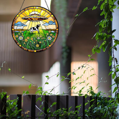 Cow Wildflowers Stained Glass Window Hanging UFO Abduction Sun Catcher Funny Gifts for Women Room Decor Handmade SunCatcher Decoration for Home Window Decor, 7.87inch