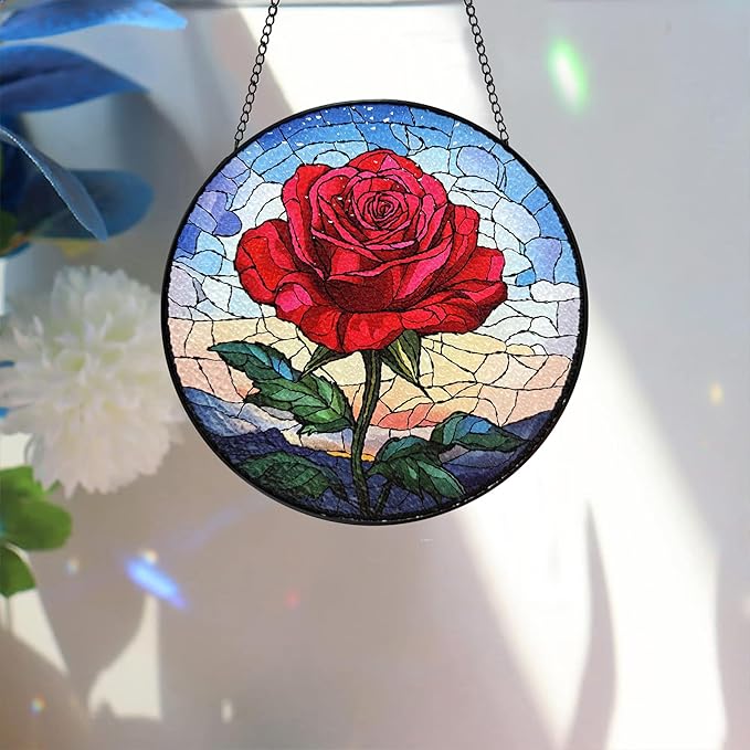 Bimkole Rose Stained Glass Suncatcher Window Hanging - Flowers Design for Indoor Window or Doorway Decoration - 7.87x7.87 inch with Chain and Hook - Unique Home Decor Gift