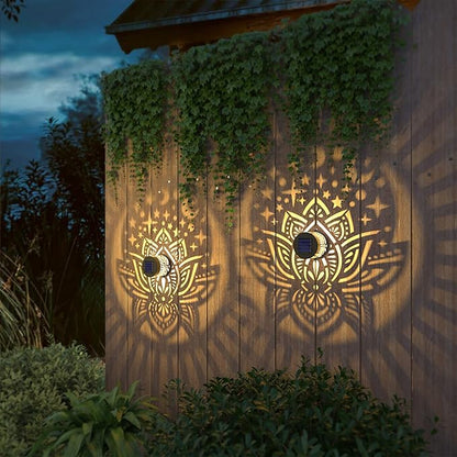 gardencave 2 Pack Solar Fence Lights Metal Solar Powered Outdoor Wall Deck Lights Lotus Theme Waterproof Fence Light for Garden Post Patio Backyard Yard Decor (Lotus, 2 Pack)