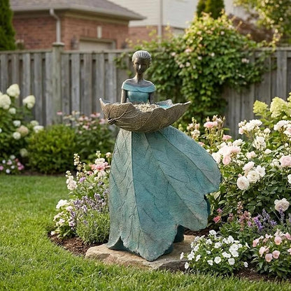 DiliComing Fairy Garden Statues Bird Feeder - 12 Inch Resin Fairy Statue for Outdoor Garden Decor, Outdoor Statues for Patio Yard Flower Beds, Gifts for Women (Green)