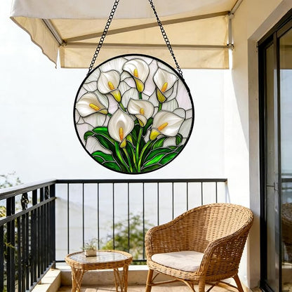 DASTOLL Stained Glass Window Hanging, White Calla Lily Suncatcher Diamond Glass Panel Hangings Flowers Sun Catchers Decor for Birthday for Women, Men, Wife, Aunt, and Mom 9.8 in