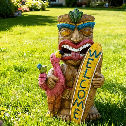 Solar Tiki Statue Outdoor Decor - Tiki Surfboard Welcome Sign Flamingo Waterproof Figurines for Tiki Bar,Patio,Balcony,Yard,Lawn Decorations,Gardening Gift for Tiki Lover
