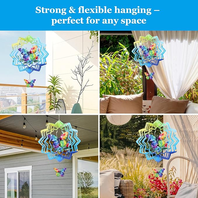 FACIACC Wind Spinners Outdoor, Butterfly Metal 3D Hanging Garden Decor, 12-inch Stainless Steel Wind Spinner with Tail Spinner, Wind Sculptures for Indoor Patio Lawn Yard, Ornament Gift for Women/Men