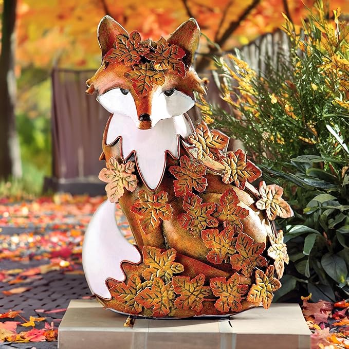 Teaeeno Metal Fox Garden Statue - Standing Fox Yard Art Decor, Maple Leaf Outdoor Lawn Art, Perfect for Patio