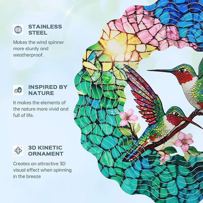 Hummingbird Wind Spinners Outdoor, IDEA SHOW 12In Stainless Steel Wind Spinners Outside, 3D Kinetic Hanging Spinners Sculpture for Women Mom, Metal Garden Decor Ornaments for Patio Yard Art