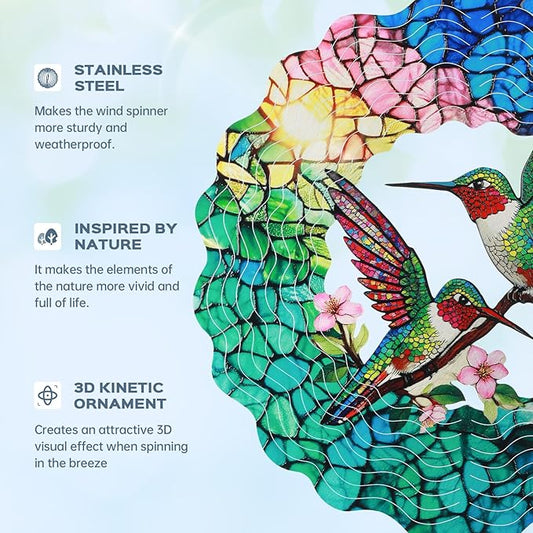 Hummingbird Wind Spinners Outdoor, IDEA SHOW 12In Stainless Steel Wind Spinners Outside, 3D Kinetic Hanging Spinners Sculpture for Women Mom, Metal Garden Decor Ornaments for Patio Yard Art