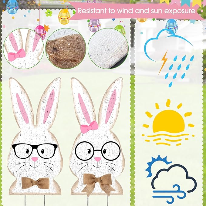 2 Pcs Easter/Spring Outdoor Decorations 16 Inch Easter Yard Signs Metal Pastel Gnome/Rustic Bunny/Lavender Garden Stakes for Home Outside Pathway Lawn Backyard Patio Farmhouse Party Decor(Rabbit)