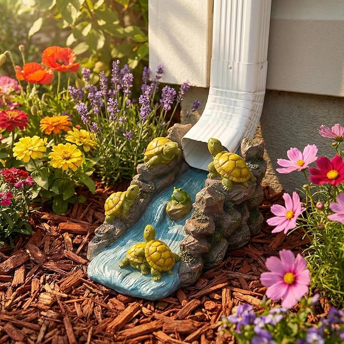 Turtle Splash Block - Decorative Resin Gutter Downspout Diverter, 11” x 6.1” x 6.9”, Durable Water Flow Protector for Yard, Garden & Patio, Functional Outdoor Tortoise Statue for Rainwater Drainage
