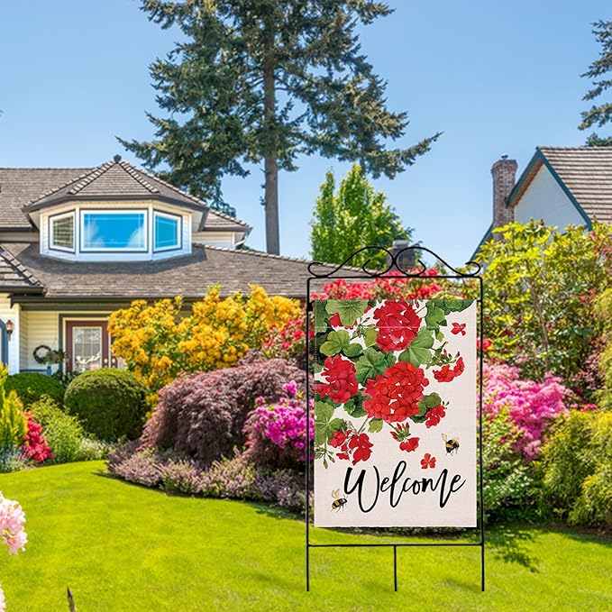 Welcome Summer Geranium Decorative House Flag, Spring Red Floral Flowers Bee Garden Yard Outside Decorations, Farmhouse Outdoor Large Home Decor Double Sided 28 x 40