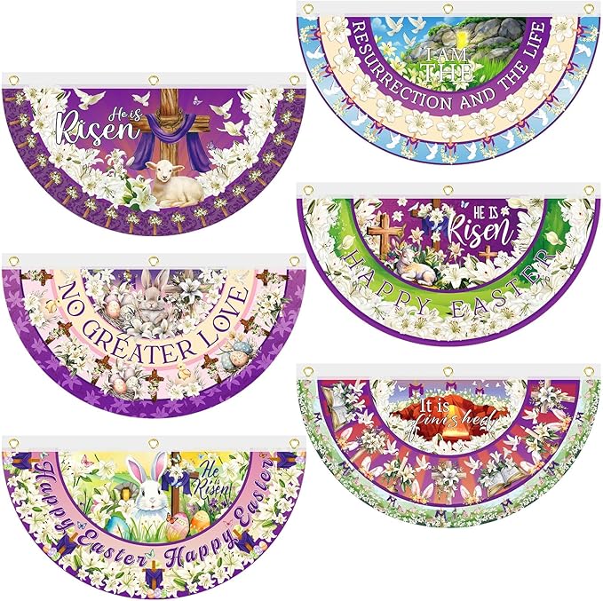 6 Pcs Easter Bunting Flag He Is Risen Bunting Banner Happy Easter Garden Fan Flag Bunny Religious Cross Decoration for Holiday Indoor Outdoor Yard Porch Decor, 1.5 x 3 ft