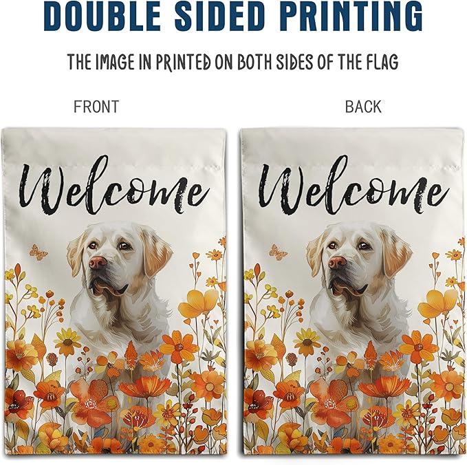 Floral White Lab Garden Flag Fall Yard Flag Wildflower Labrador Dog Garden Flags Orange Autumn Lawn Flags Welcome Thanksgiving Outdoor Flags for Outside 12x18 Double Sided Small