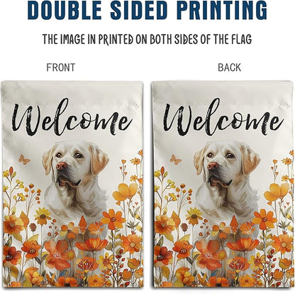 Floral White Lab Garden Flag Fall Yard Flag Wildflower Labrador Dog Garden Flags Orange Autumn Lawn Flags Welcome Thanksgiving Outdoor Flags for Outside 12x18 Double Sided Small