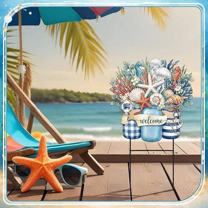 Amyhill Summer Outdoor Decor Coastal Garden Stake 25 Inch Metal Ocean Welcome Yard Sign with Seashell Starfish, Outdoor Nautical Decor for Patio Lawn Walkway Beach Themed Decorations