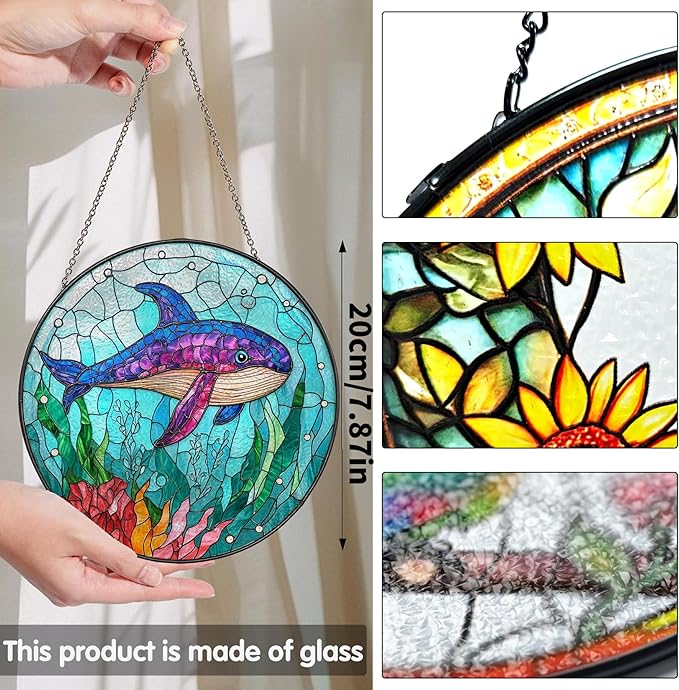 Bimkole Shark Stained Glass Suncatcher Window Hanging - Ocean Indoor Window or Doorway Decoration - Handmade Sun Catcher Decor for Garden Home Christmas & Birthday Gifts 7.87x7.87 Inch