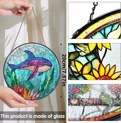 Bimkole Shark Stained Glass Suncatcher Window Hanging - Ocean Indoor Window or Doorway Decoration - Handmade Sun Catcher Decor for Garden Home Christmas & Birthday Gifts 7.87x7.87 Inch