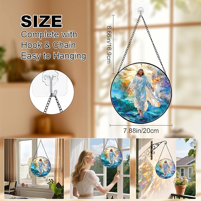 7.88'' Jesus Stained Glass Window Hanging,Christian Jesus Suncatchers Stained Glass Hanging with Hook Chain for Window, Sun Catchers Home Decor for Mother's Day Birthday for Women, Men, Wife, Mom