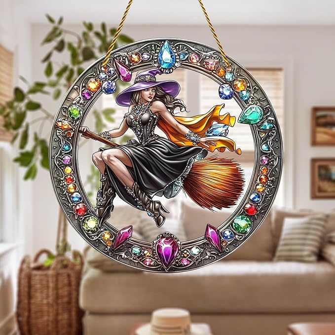 8x8 inch Charming The Witch Rides A Broom Acrylic Stained Glass Window Hanging Sun Catcher Decor Stained Panel Hangings Wall Art Decor, for Friends and Family (Witch Broom)