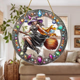 8x8 inch Charming The Witch Rides A Broom Acrylic Stained Glass Window Hanging Sun Catcher Decor Stained Panel Hangings Wall Art Decor, for Friends and Family (Witch Broom)