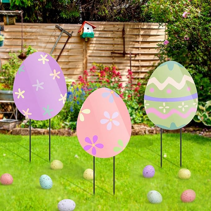 MorningRo 3 Pcs Large Easter Egg Yard Signs Metal Egg Garden Stakes Easter Lawn Decorations Outdoor Colorful Decorative Yard Decoration with Stake for Holiday Decor