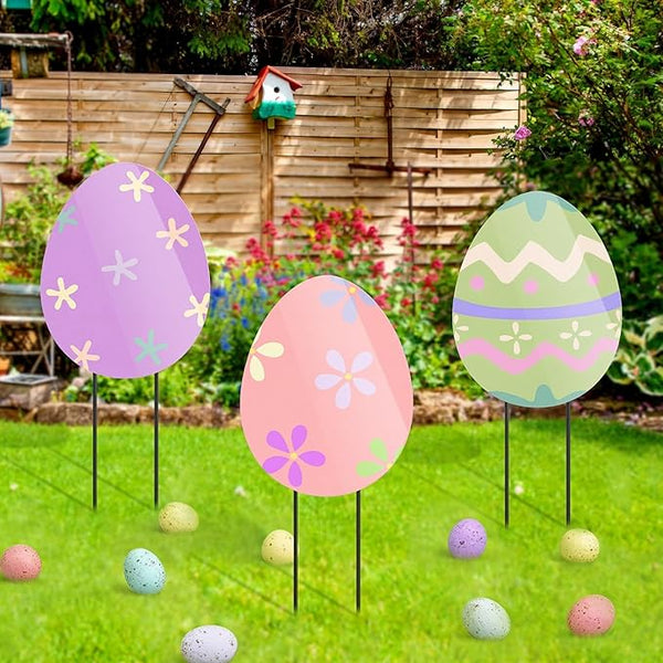 MorningRo 3 Pcs Large Easter Egg Yard Signs Metal Egg Garden Stakes Easter Lawn Decorations Outdoor Colorful Decorative Yard Decoration with Stake for Holiday Decor