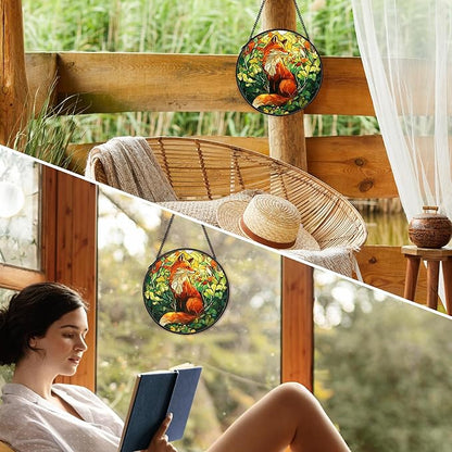 Fox Woodsy Suncatcher Stained Glass Window Hanging Decor Ornaments, Fox Gifts, Rustic Nature Stained Glass Wall Room Decor, Animal Garden Sun Catchers Indoor Window Hanging Wall Art, 7.9x7.9In