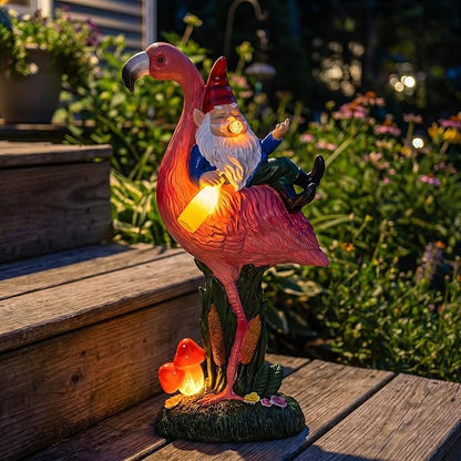 Candieslife Funny Garden Gnome Riding Flamingo Statue - Solar Powered LED Light Up Yard Art, Weatherproof Outdoor Lawn Ornament Decor for Patio Porch Lawn, Housewarming Birthday Gift for Men Women