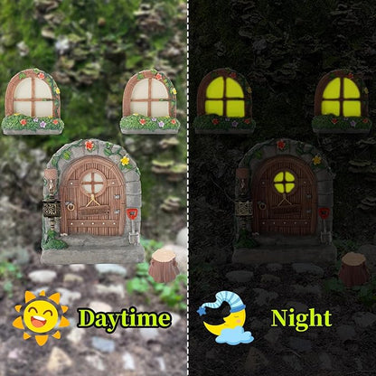 Exasinine 6 Pcs Fairy Door and Windows for Trees Glow in The Dark Fairy Doors Miniature Fairy Garden Accessories for Wall Tree Fairy Garden Outdoor Decor with Tree Stump, 2 Fairy Lanterns