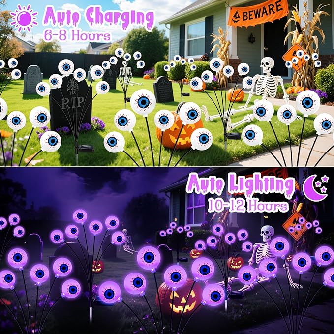 Kohlrabi Halloween Decorations Outdoor, 6 Pack 36 LED Solar Scary Eyeball Swaying Lights, Purple Solar Firefly Light Waterproof Outdoor Garden Lights for Halloween Yard Garden Lawn Party Flower Bed