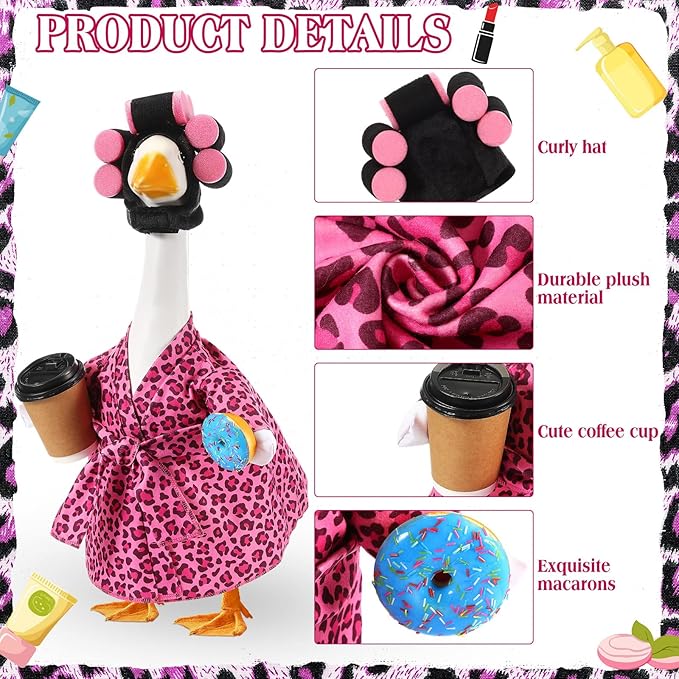 Shyyween Lady Porch Goose Outfit for 23'' Cement Plastic Lawn Goose Statue Clothes Pink Leopard Bathrobe Coffee Cup Curlers for Outdoor Garden Yard Patio Decoration