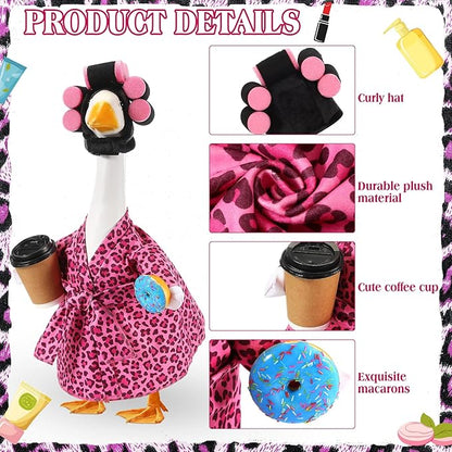 Shyyween Lady Porch Goose Outfit for 23'' Cement Plastic Lawn Goose Statue Clothes Pink Leopard Bathrobe Coffee Cup Curlers for Outdoor Garden Yard Patio Decoration