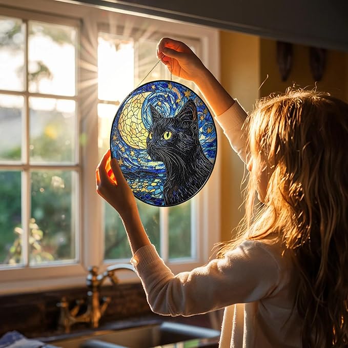 Black Cat Stained Glass Suncatcher Window Hanging Decor for Garden, Starry Night Cat Suncatcher Window Panel Gifts for Cats Lovers, Memorial Gifts for Pet Loss Sympathy Gift for Outdoor Decorations