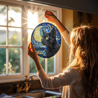 Black Cat Stained Glass Suncatcher Window Hanging Decor for Garden, Starry Night Cat Suncatcher Window Panel Gifts for Cats Lovers, Memorial Gifts for Pet Loss Sympathy Gift for Outdoor Decorations