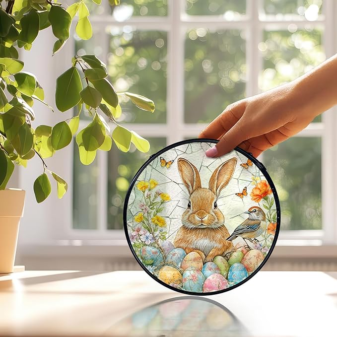 Easter Egg Bunny Bird Suncatchers Stained Glass Window Hanging, Easter Bunny Decor Sun Catchers Indoor Window Glass Round Wall Decor, Rabbit Wall Hanging Decorations, 7.9x7.9in